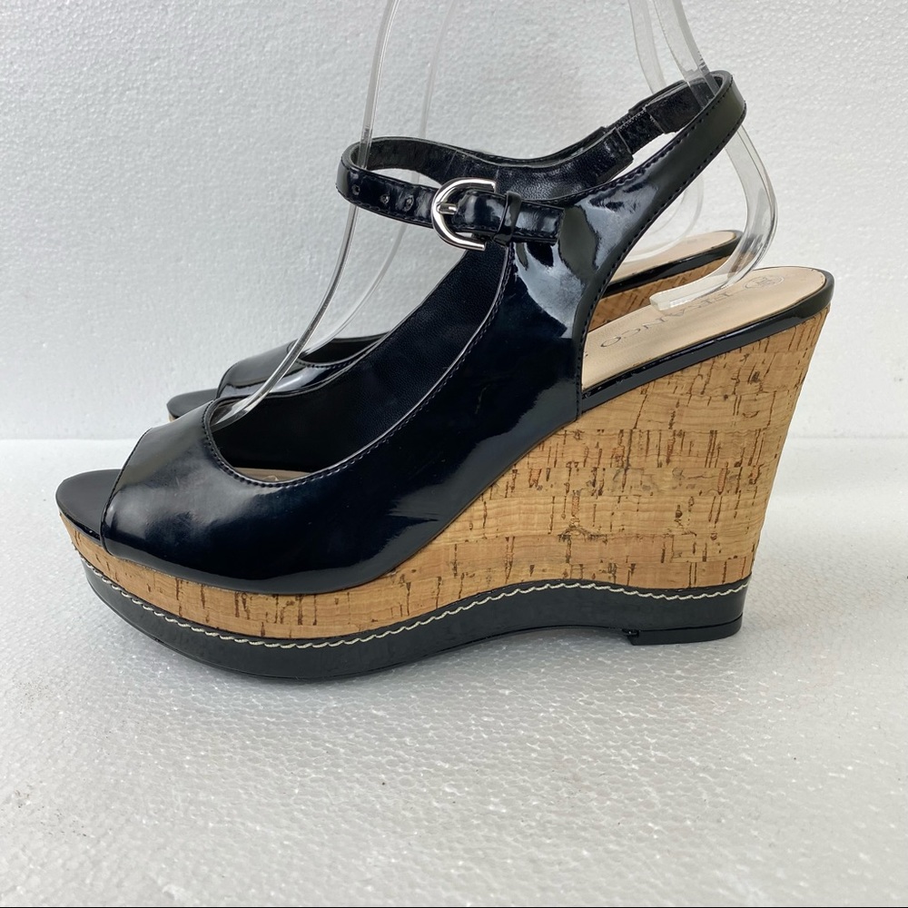 Franco Sarto Solaris Cork Wedge Sandals Black Size 7.5 Women's, EUC